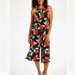 Maggy London Womens Lottie Crop Green Pink Floral Sleeveless Tie Jumpsuit Size 6